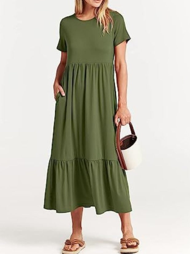 Dame afslappet maxikjole med lommer og voluminøst skørt Stilla