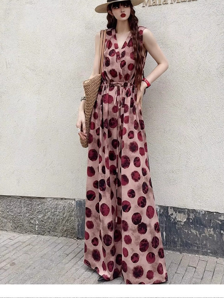 Dame afslappet maxikjole med legende prikkedesign og taljebælte Stilla