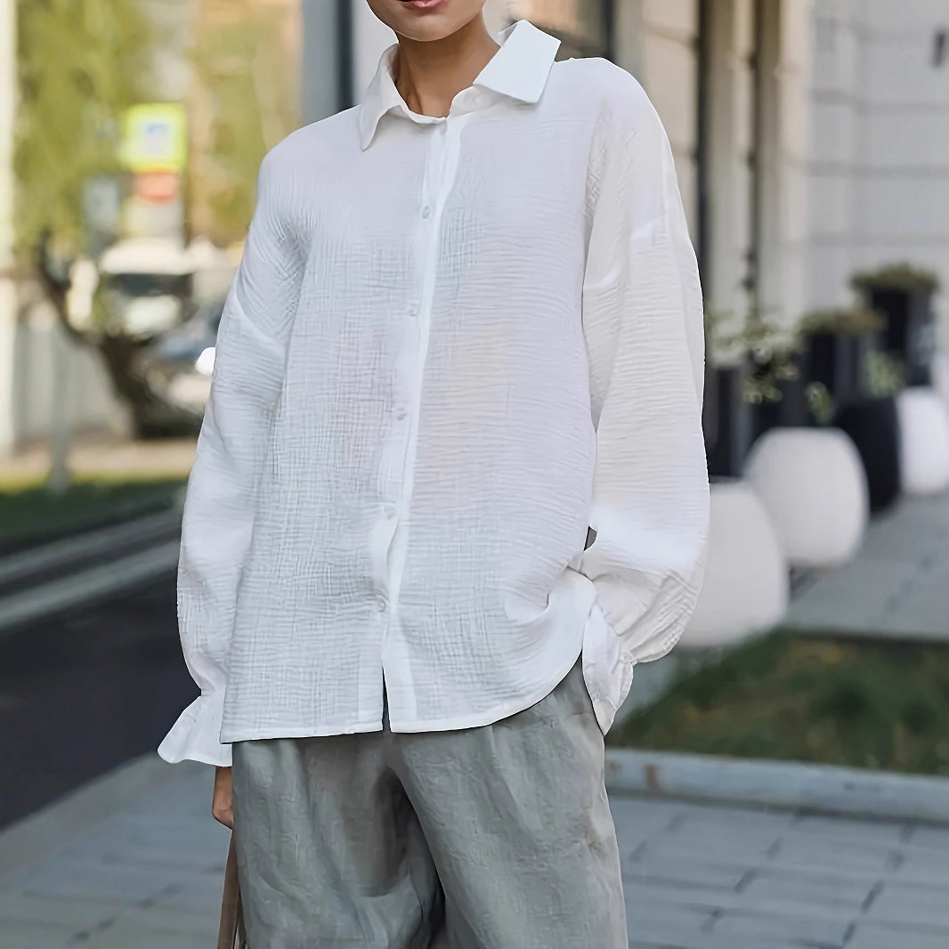 Dame afslappet bluse med struktureret mønster og opklappelige ærmer Stilla