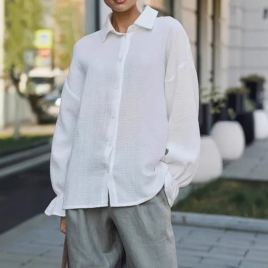 Dame afslappet bluse med struktureret mønster og opklappelige ærmer Stilla