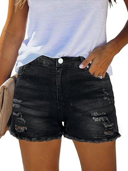 Dame Distressed Denim-Shorts med frynset kant og afslappet look Stilla