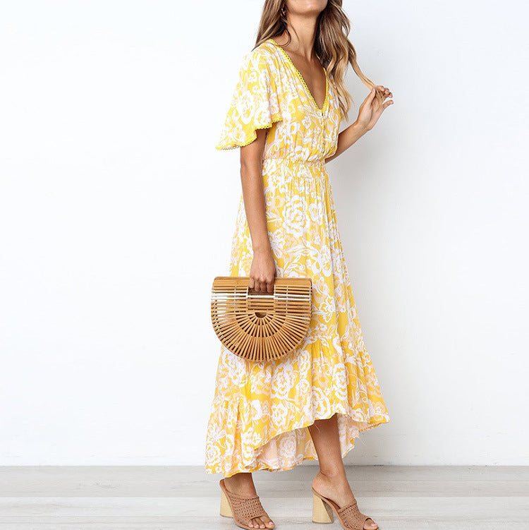 Dame Floral Print Maxi Kjole med Rynkebund Stilla