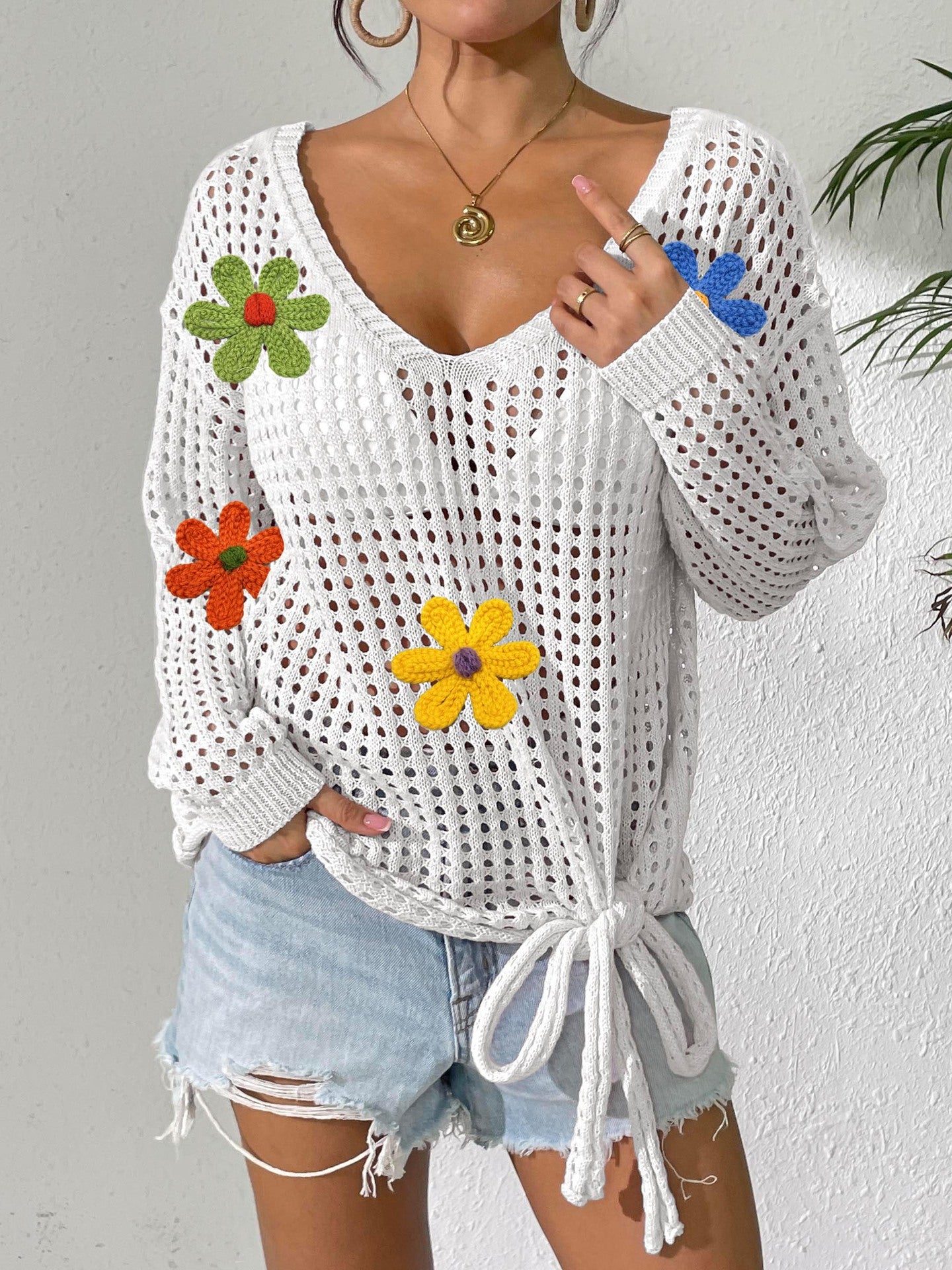 Dame Åben Vævning Floral Strikjakke Stilla