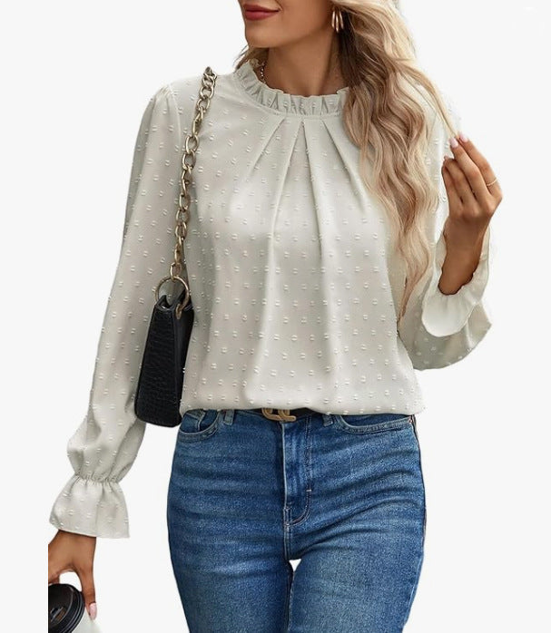 Dame elegant bluse med flæsedetaljer og prikket stof Stilla