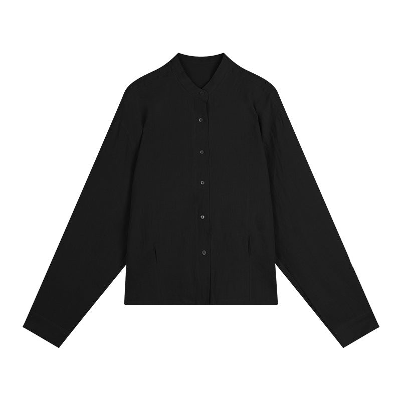 Dame afslappet langærmet skjorte med knapdetaljer og mandarin-krave Stilla