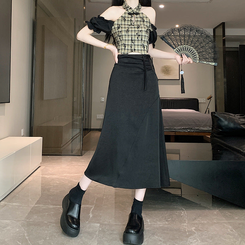 Dame A-linje V-krave Midi nederdel med justerbart bånd Stilla