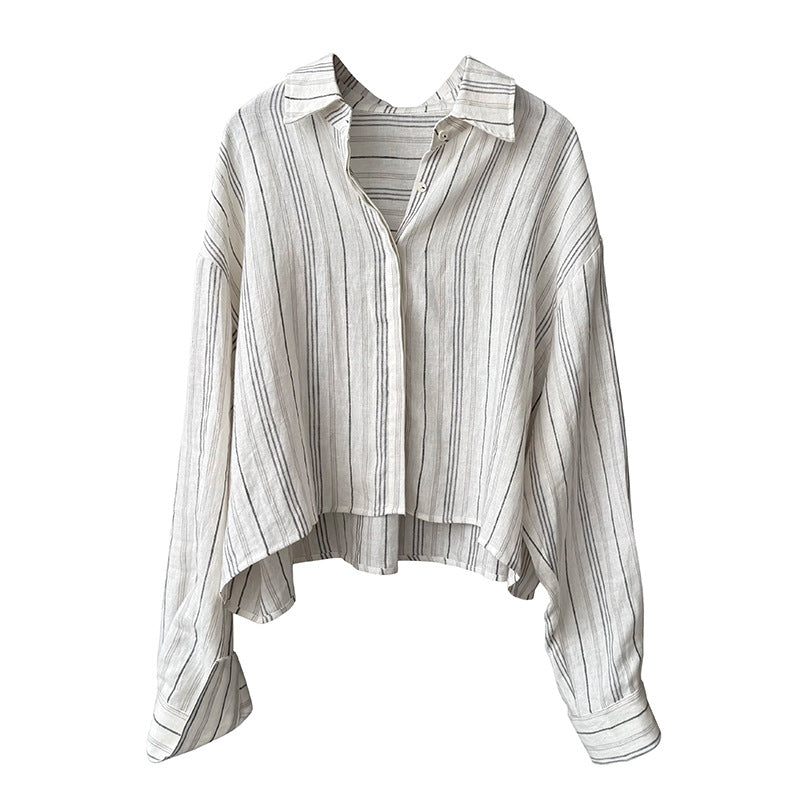 Dame afslappet linned bluse med asymmetrisk kant og elegante striber Stilla
