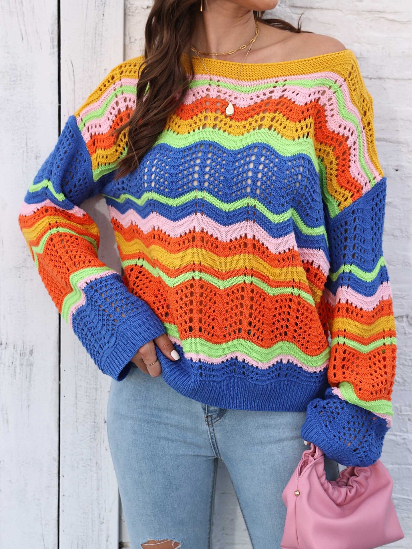 Dame afslappet ribstrikpullover med farverigt bølgemønster og løs pasform Stilla