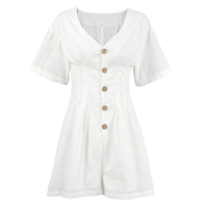 Dame jumpsuit med V-hals og knapliste Stilla