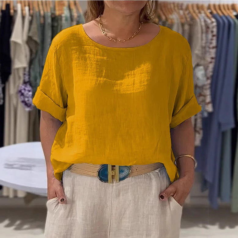 Dame afslappet linenbluse med omslagbare ærmer og elegant rundhalset udskæring Stilla