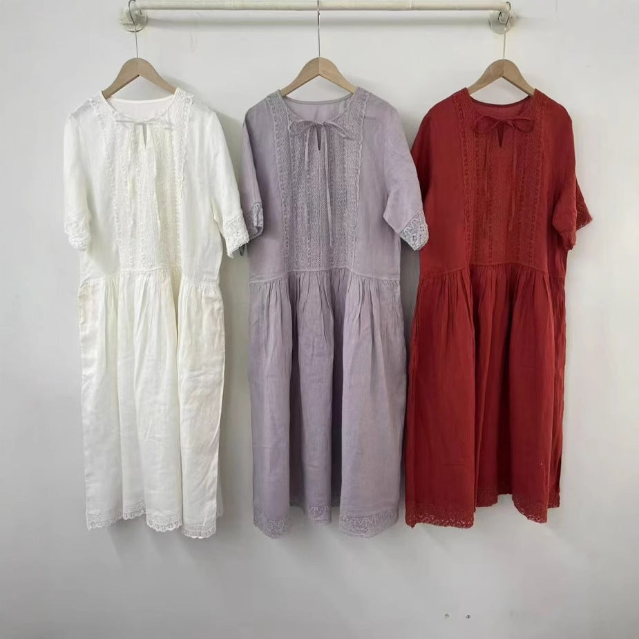 Dame Elegant Baumwolle Midi Kjole med Spids Detaljer Stilla