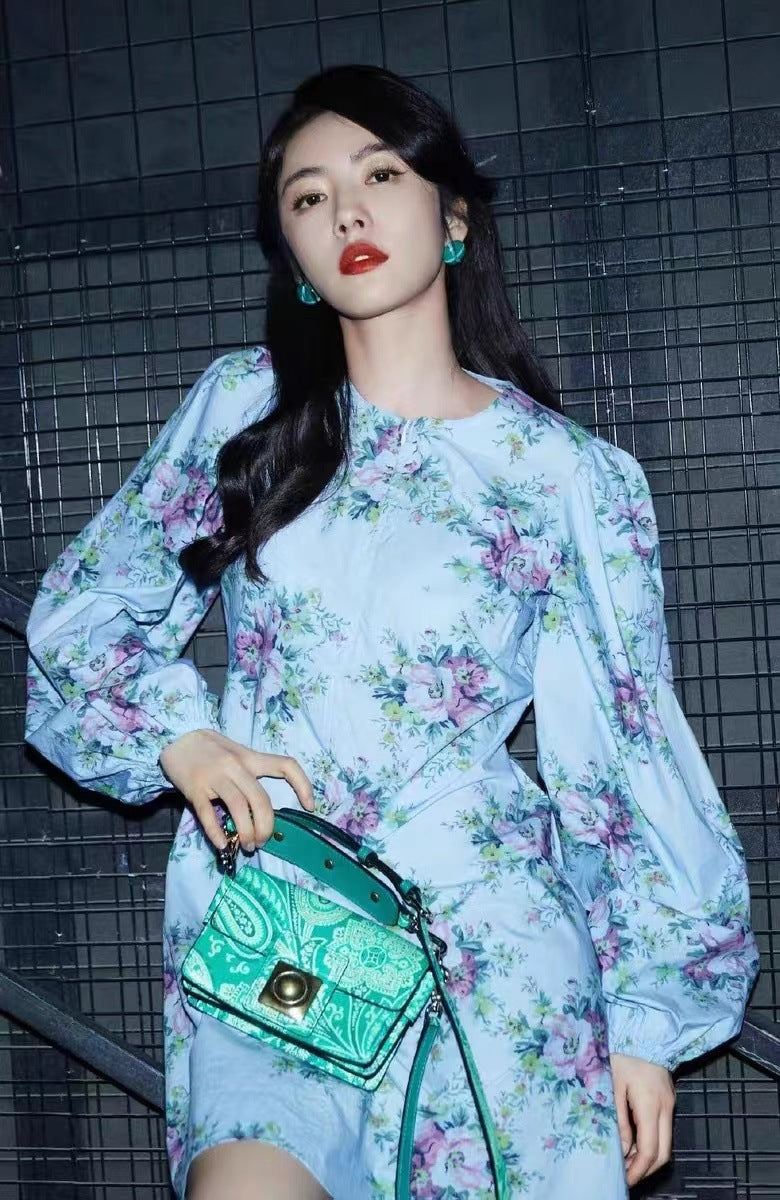 Dame Elegant Blomstret Kjole med Puffærmer Stilla