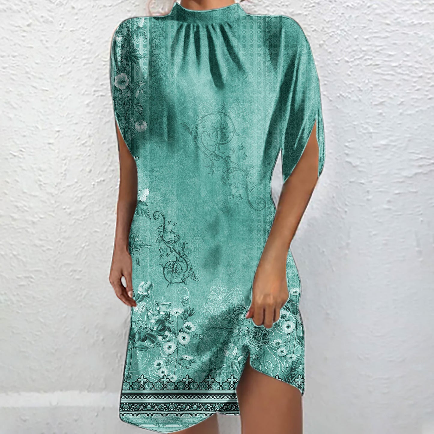 Dame Elegant Høj Hals Blomster Mini Kjole Stilla