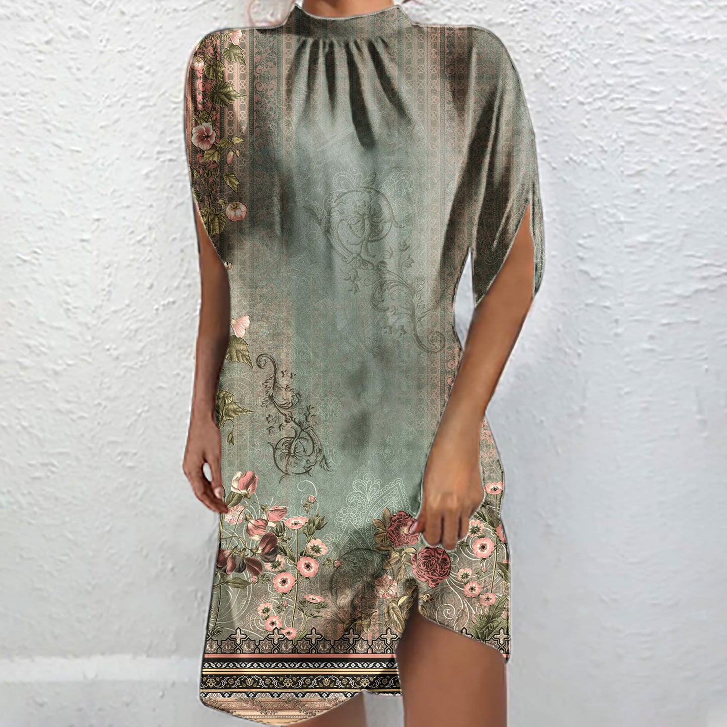 Dame Elegant Høj Hals Blomster Mini Kjole Stilla