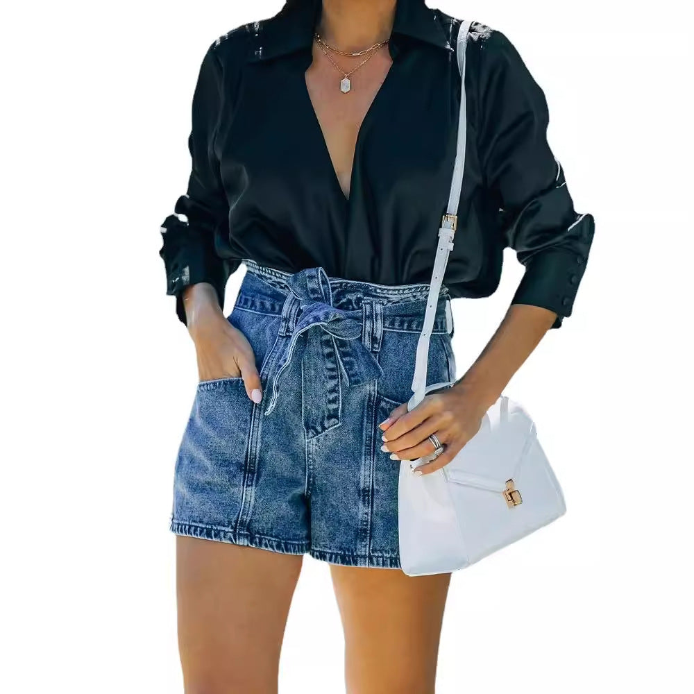 Dame denim shorts med høj talje og tætsiddende snit Stilla