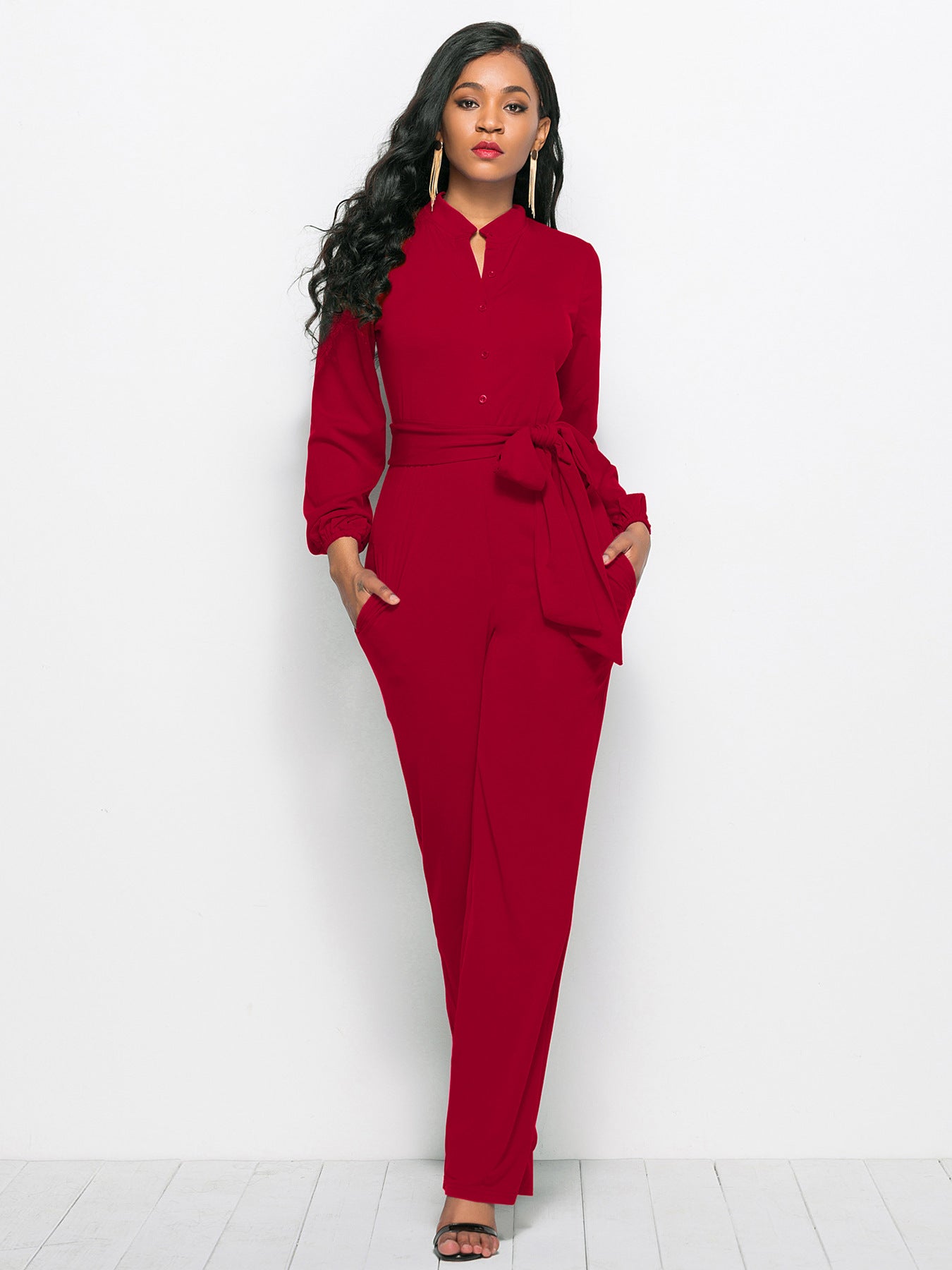 Damer Elegant Langærmet Jumpsuit med Talje bånd og Knapdetaljer Stilla