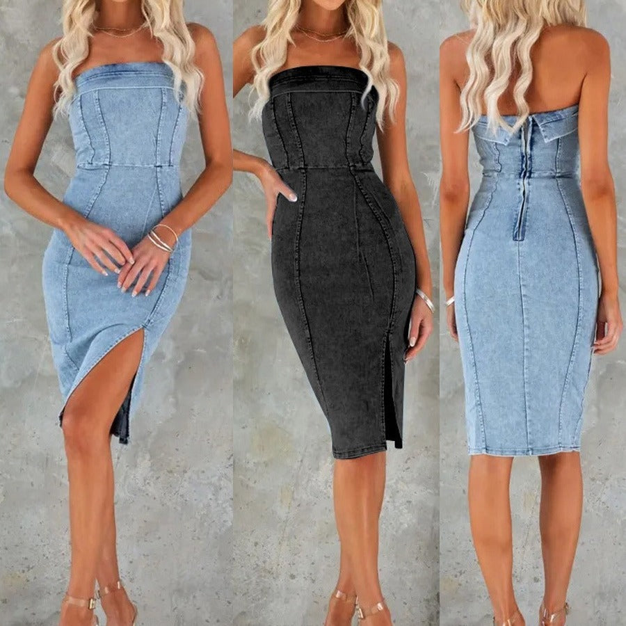 Dame Denim Midi Kjole med elegant Slids Stilla