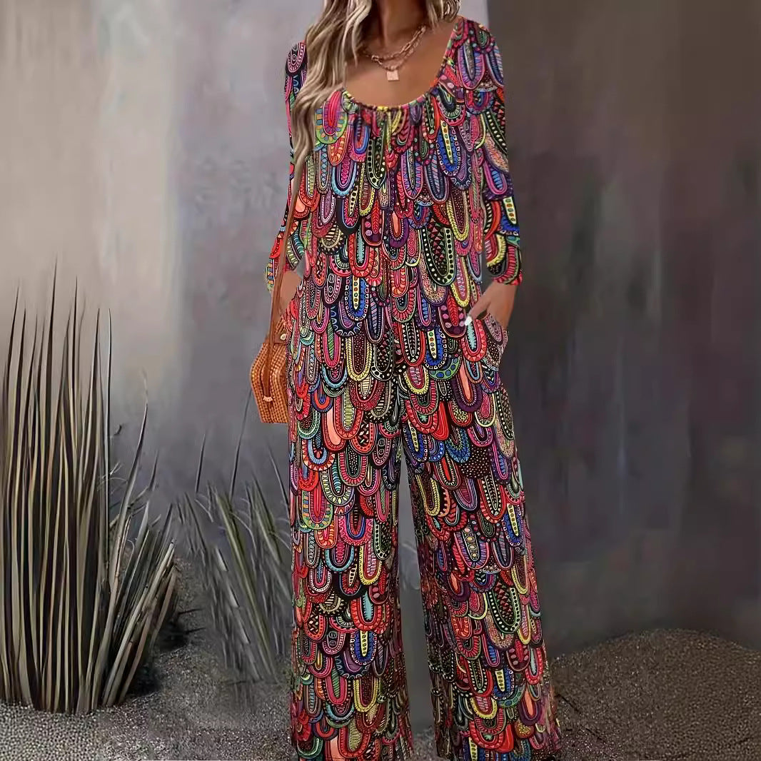 Dame Bredskåret Jumpsuit med farverigt Ethnomønster og sidelommer Stilla