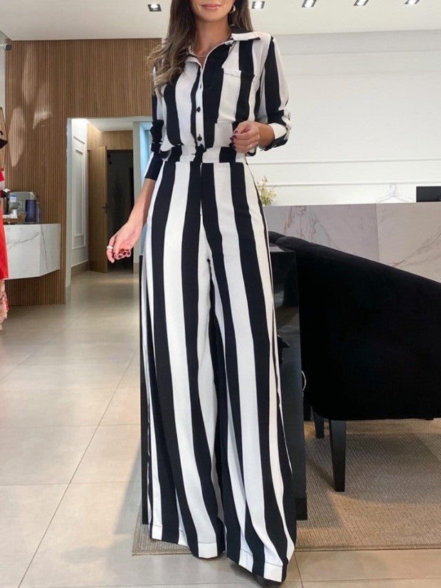 Dame Elegant Jumpsuit med brede striber og skjorte krave Stilla