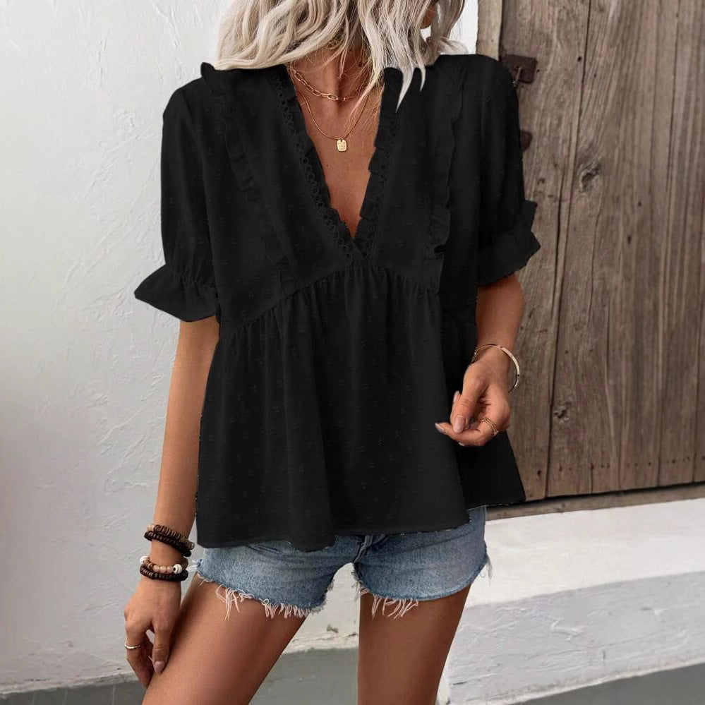 Dame elegant bluse med flæse detaljer Stilla