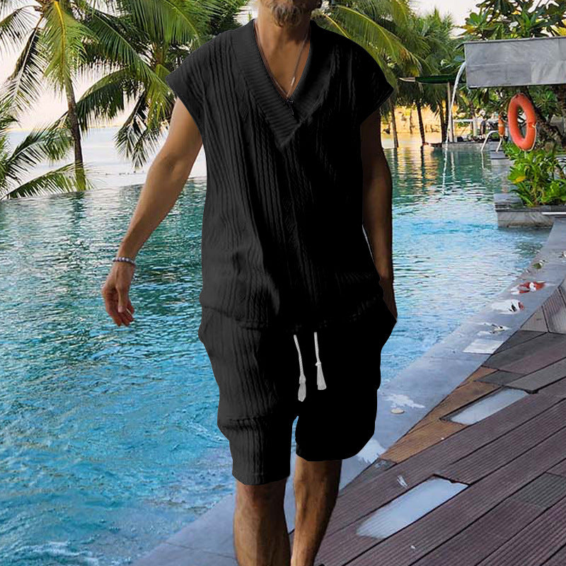 Herrer afslappet sommer-outfit med V-udskæringer og brede shorts Stilla