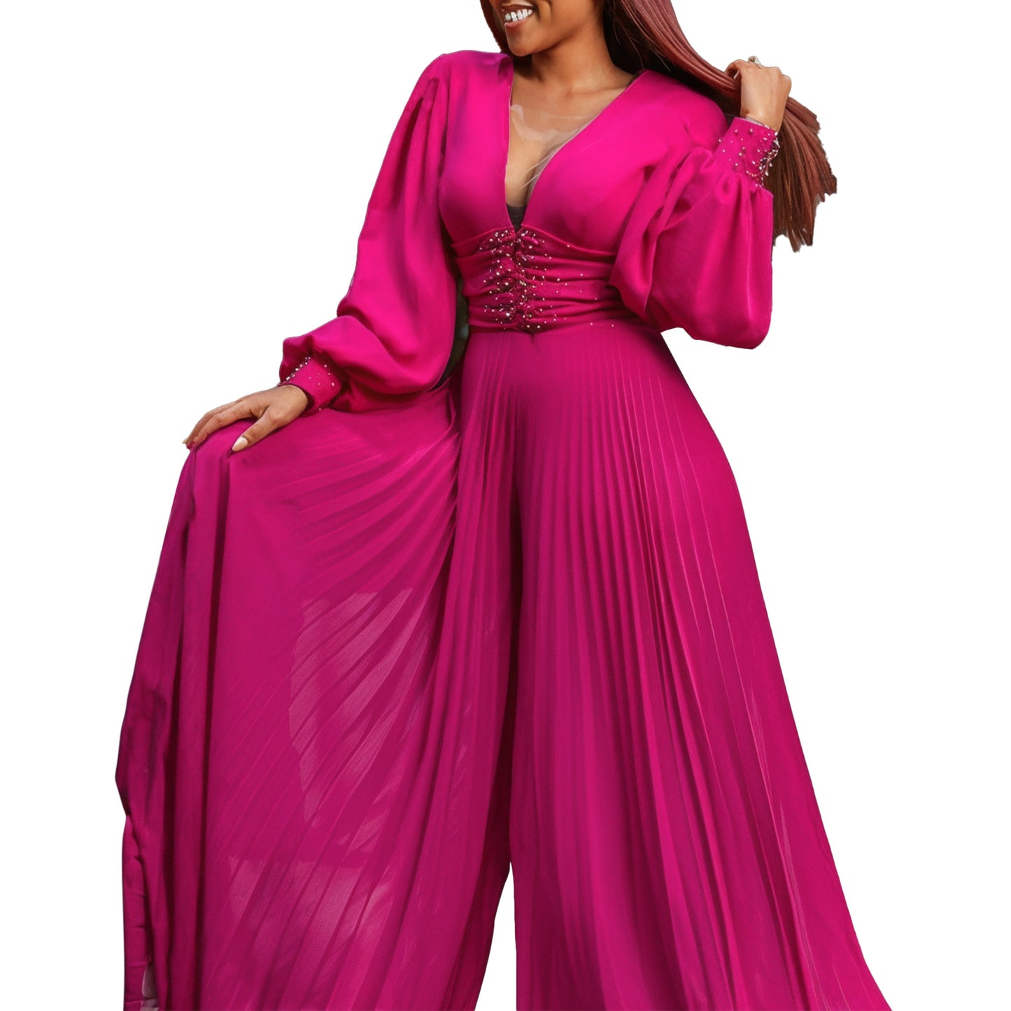 Dame Elegant Plisseret Jumpsuit med dyb V-udskæring og glitrende taljedetalje Stilla