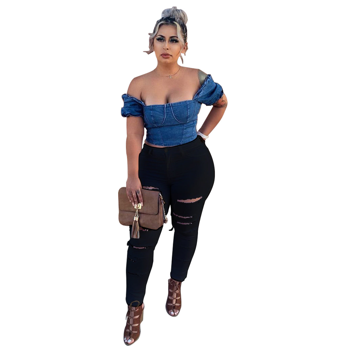 Dame cropped jeansbluse og skrå bukser Stilla