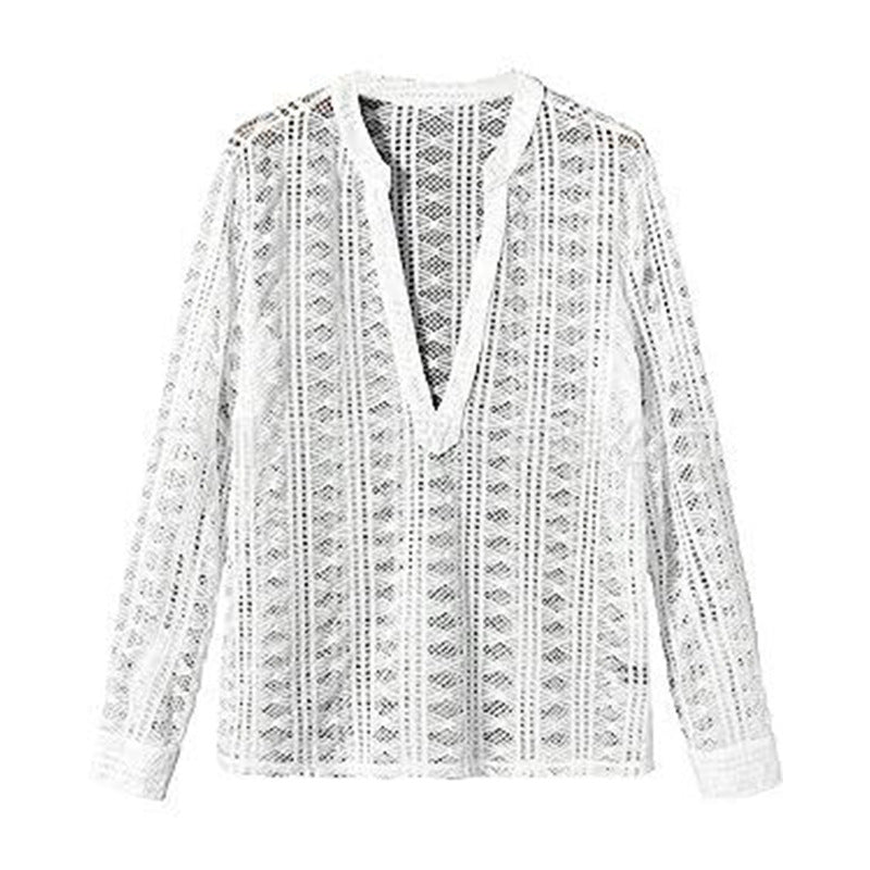 Dame afslappet bluse med fin hæklet udseende og moderne V-udskæring Stilla
