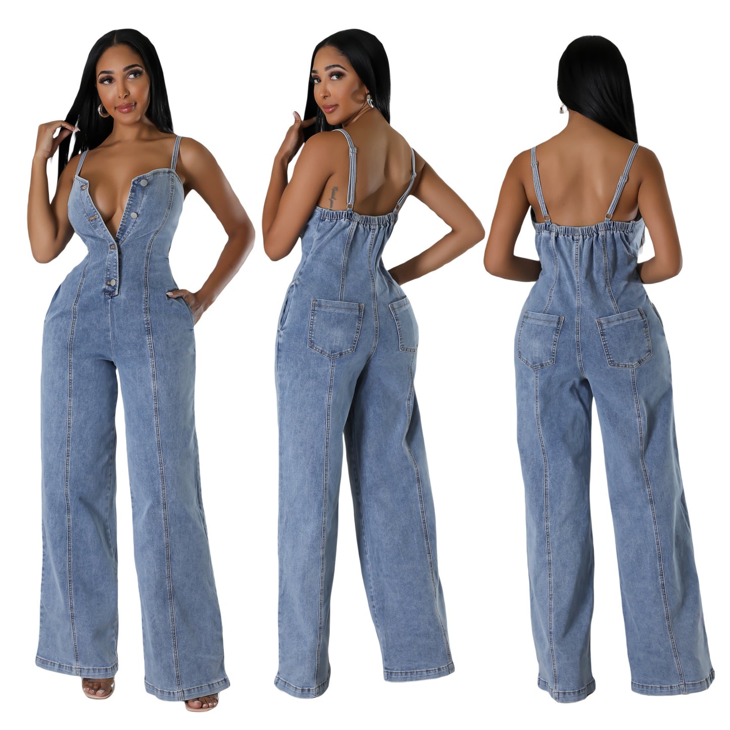 Dame Denim Jumpsuit med knapstol Stilla