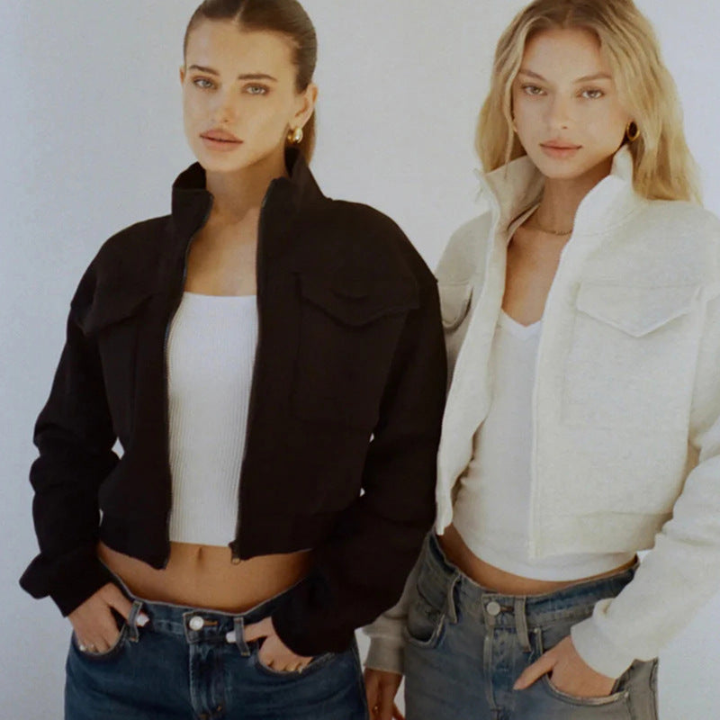 Dame cropped jakke med lynlås og lommer Stilla