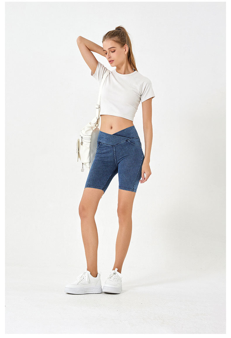 Stilla | High Waist Stretchy Denim Shorts Til Kvinder Slim Fit, Lommeret Sports Ydertøj