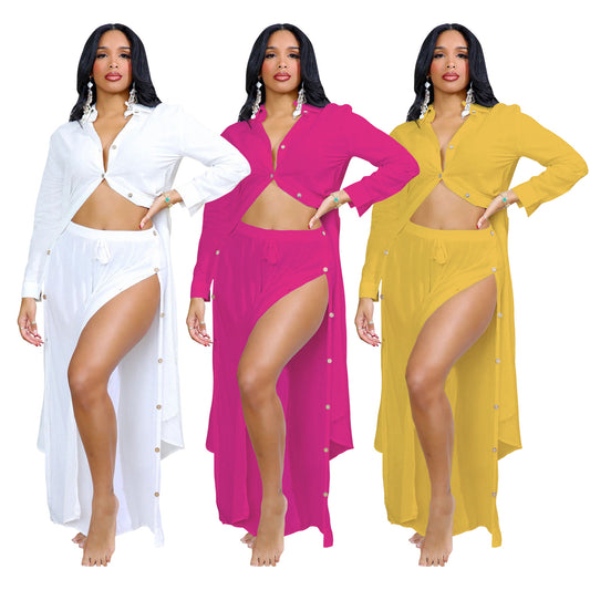 Dame afslappet fritidssæt med gennemgående skjorte og vide bukser Stilla