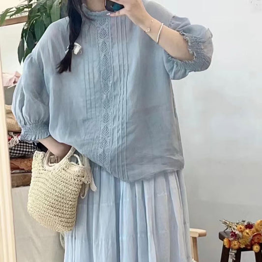 Dame Elegant Broderet Bluse med Rullekanter Stilla