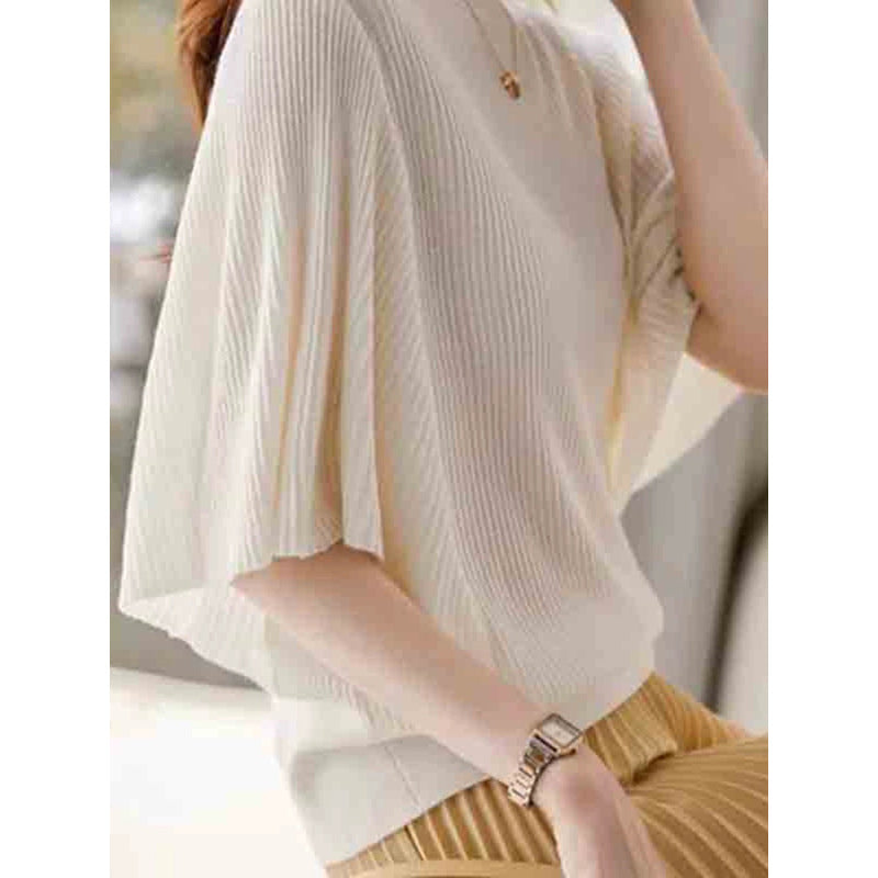 Dame afslappet ribstrikket top med vide ærmer og høj krave Stilla