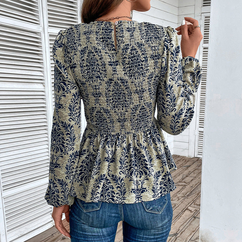 Dame Elegant Bluse med raffineret Floral-Design og Puffærmer Stilla