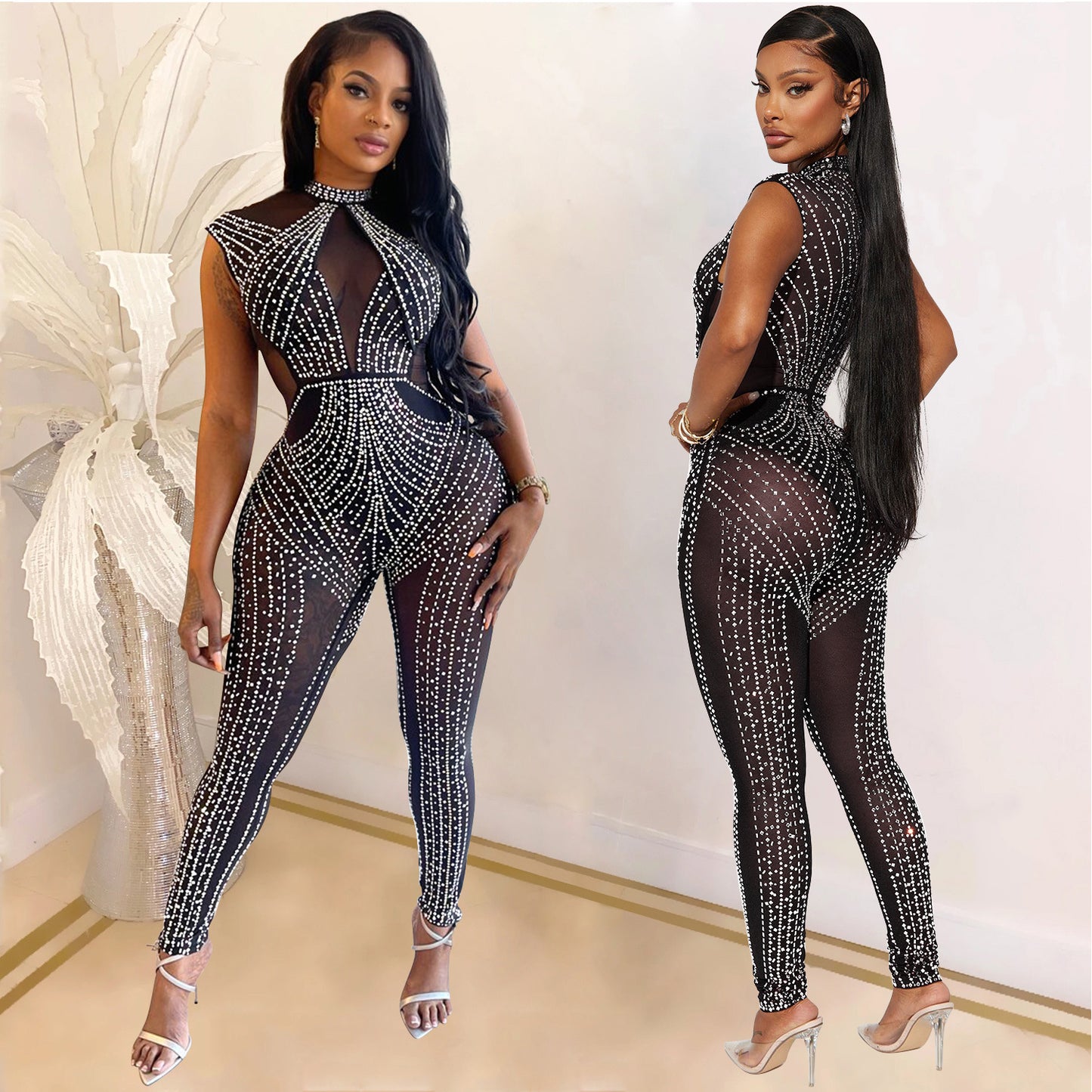 Dame Glamourøs Bodycon Jumpsuit med glitrende rhinsten dekorationer og transparente indsatser Stilla