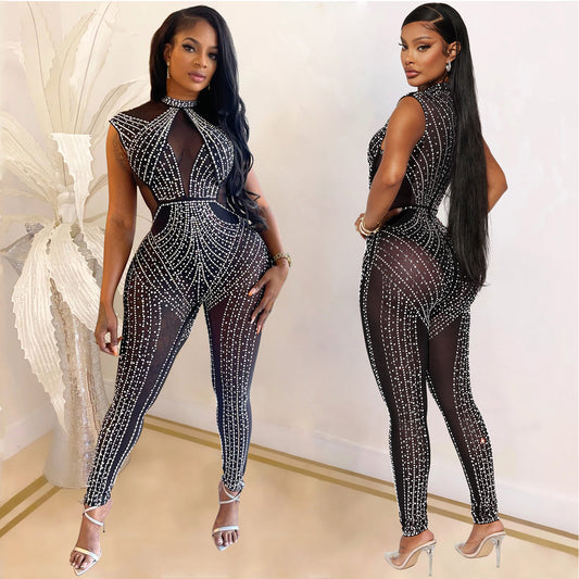 Dame Glamourøs Bodycon Jumpsuit med glitrende rhinsten dekorationer og transparente indsatser Stilla