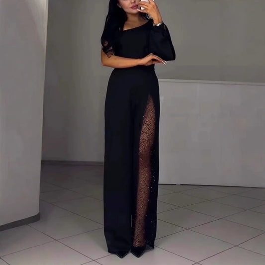 Femme elegant Off-Shoulder Jumpsuit med transparent overlag Stilla