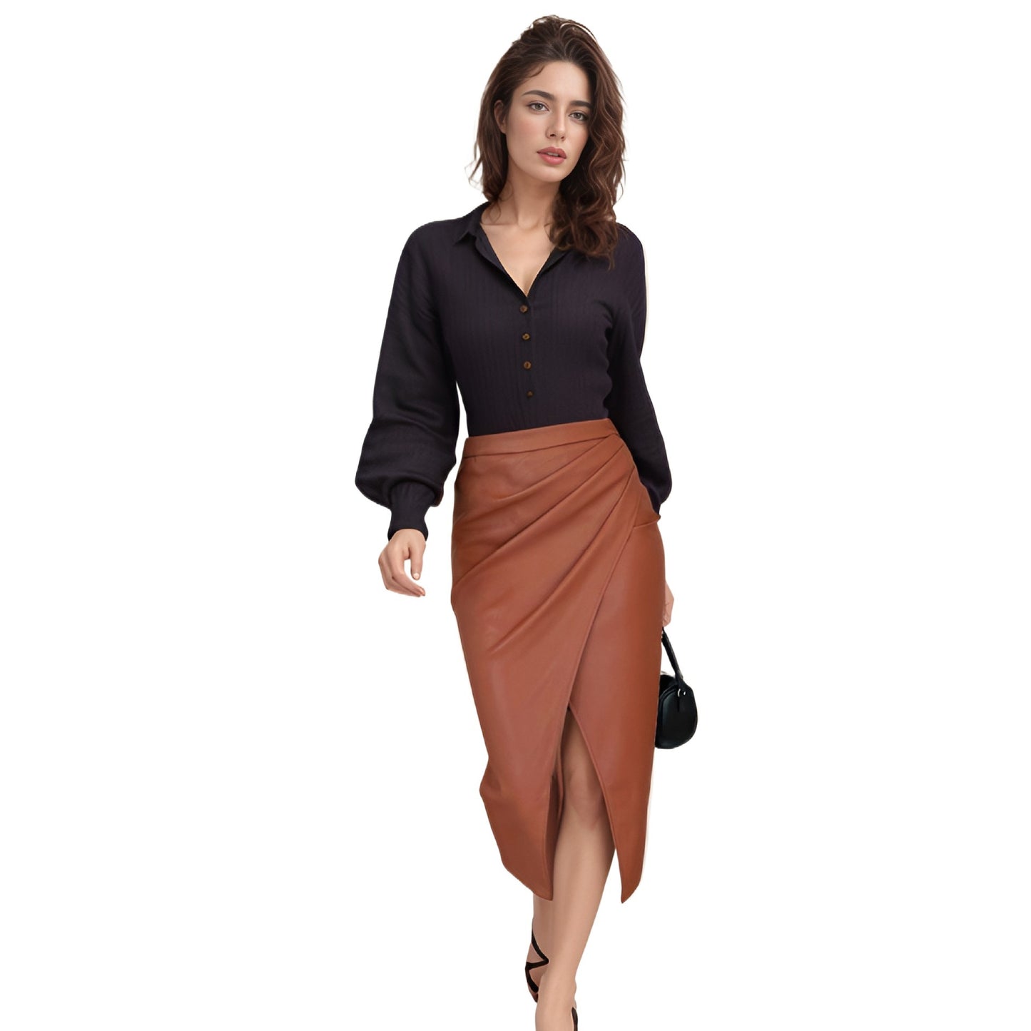 Dame draperet kunstlæder midi nederdel Stilla