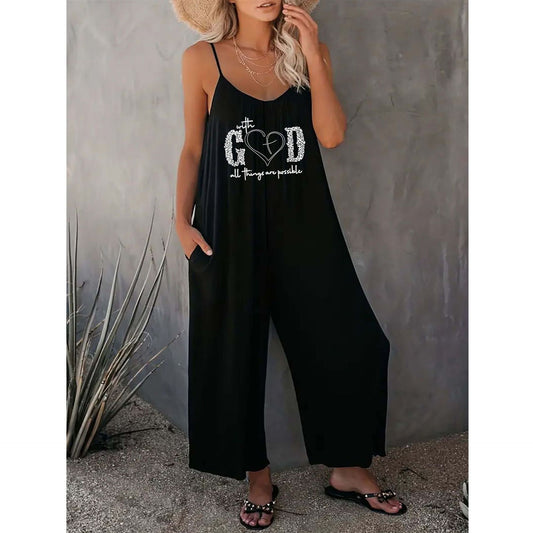 Dame jumpsuit med justerbare stropper og motiverende tryk Stilla