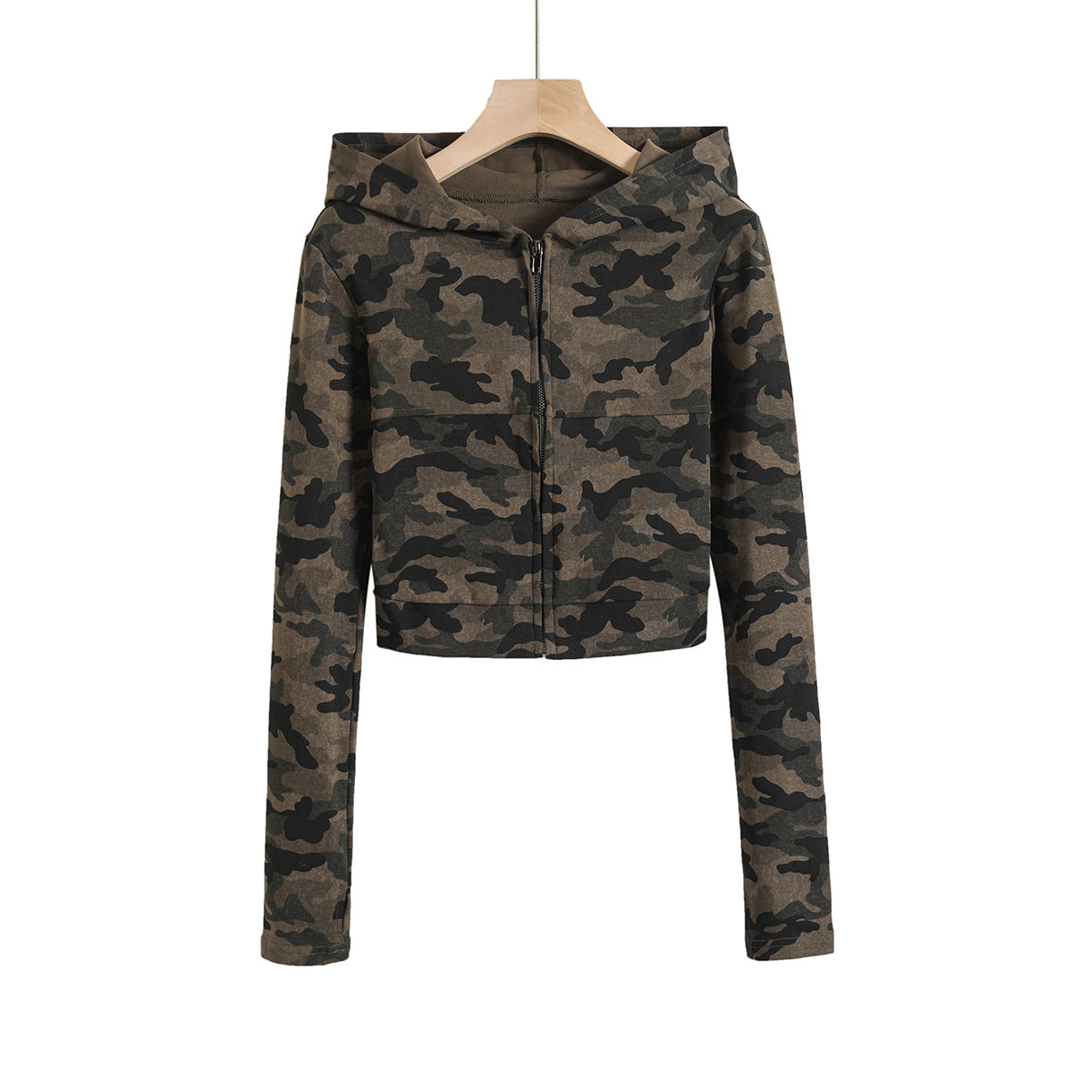 Dame cropped hoodie med trendy camouflage-design og praktisk lynlås Stilla
