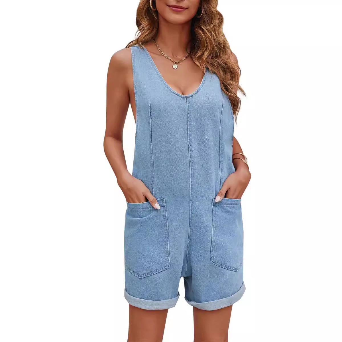 Dame afslappet Denim-overall med dyb V-udskæring og praktiske lommer Stilla