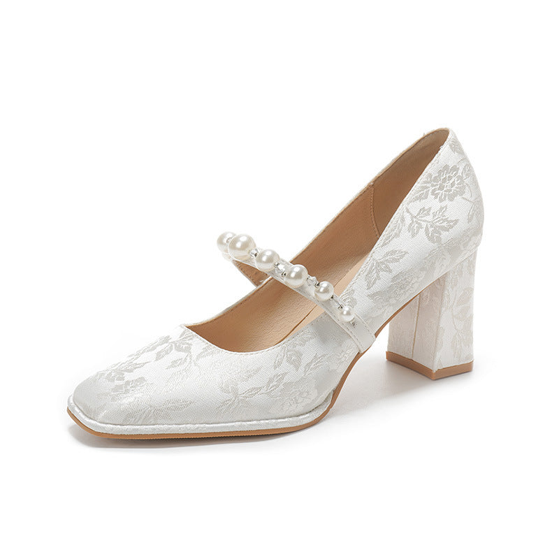 Dame Elegant Blokhæl Mary Jane Pumper med Dekorativ Perlekæde Stilla