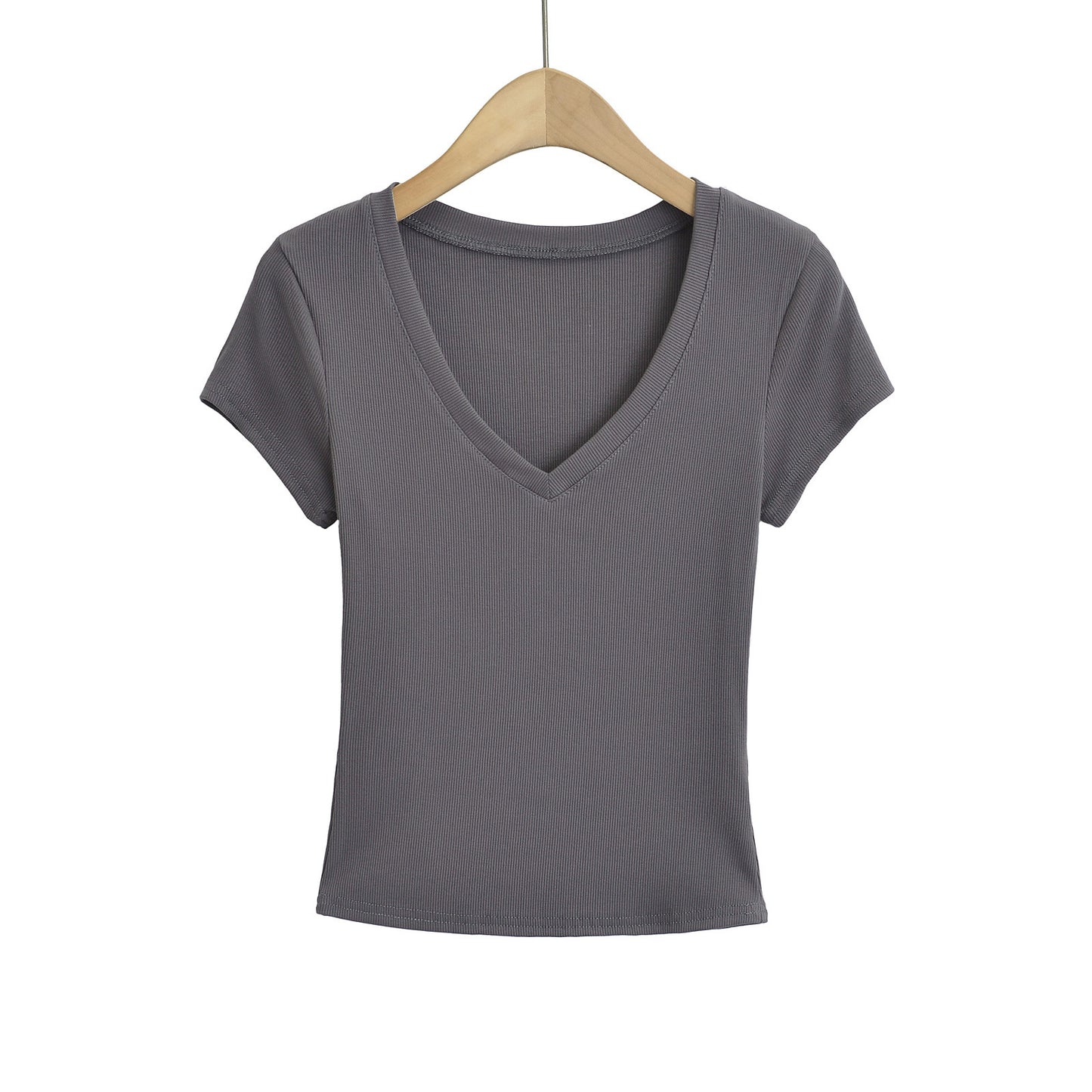 Dame cropped V-hals T-shirt i ribdesign med tætsiddende snit og korte ærmer Stilla