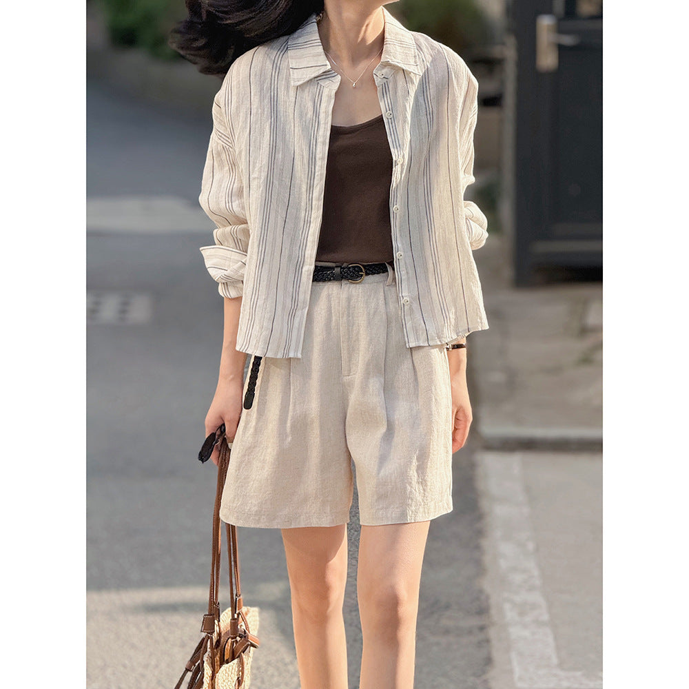 Dame afslappet linned bluse med asymmetrisk kant og elegante striber Stilla