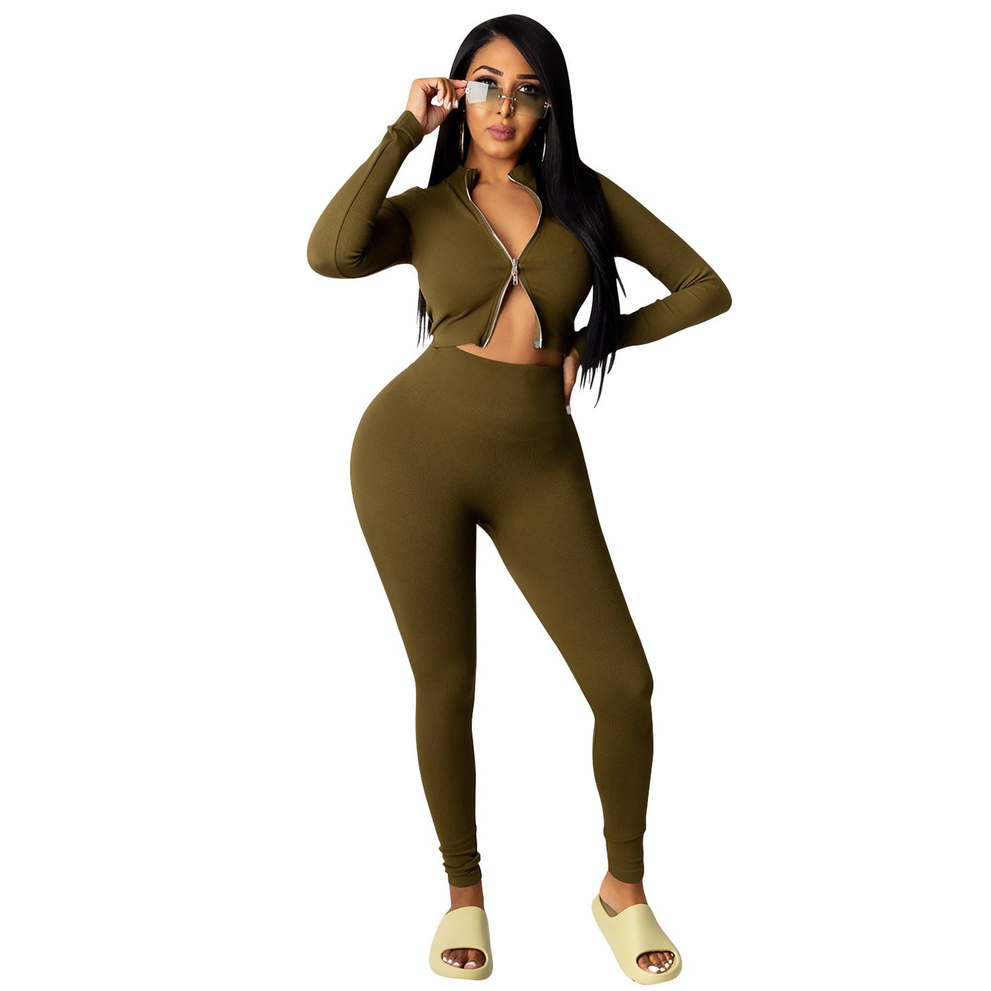 Dame Crop-Top og High-Waist Leggings Sæt med Lynlås Stilla