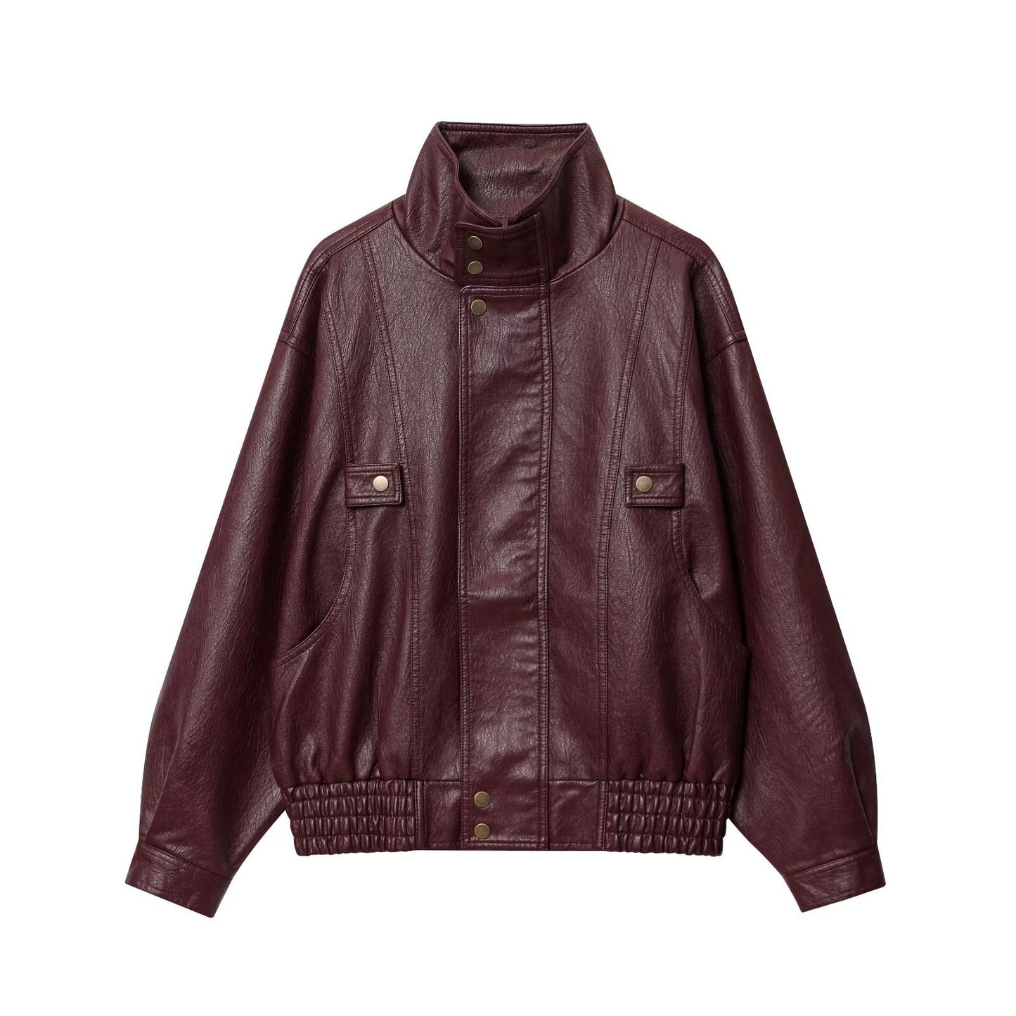 Dame afslappet kunstlæderjakke med høj krave og viddejustering Stilla