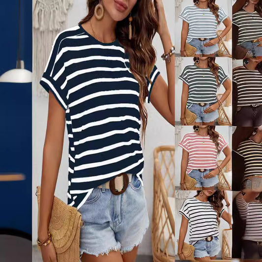 Dame afslappet stribet T-shirt med opsmøgede ærmer og rund halsudskæring Stilla