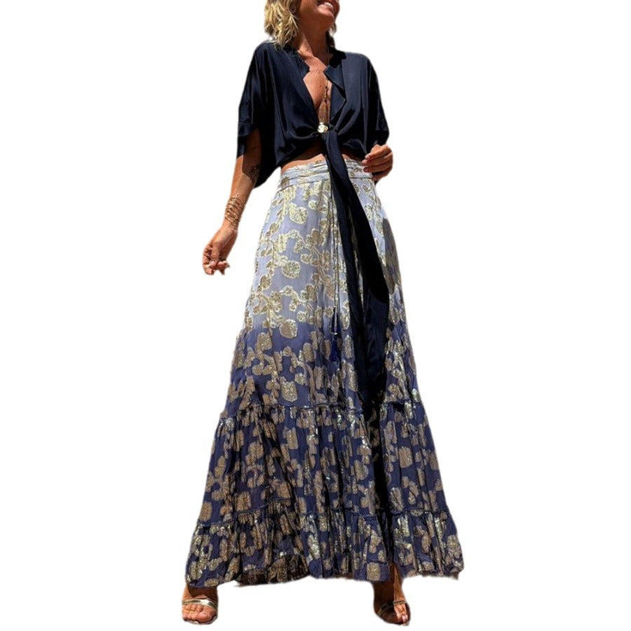 Dame Elegant Bluse- og Nederdelssæt med raffineret Bindebælte Stiila