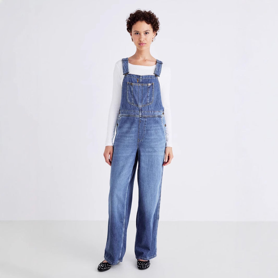 Dame afslappet denim overalls med funktionelle lommer og bredt ben Stilla